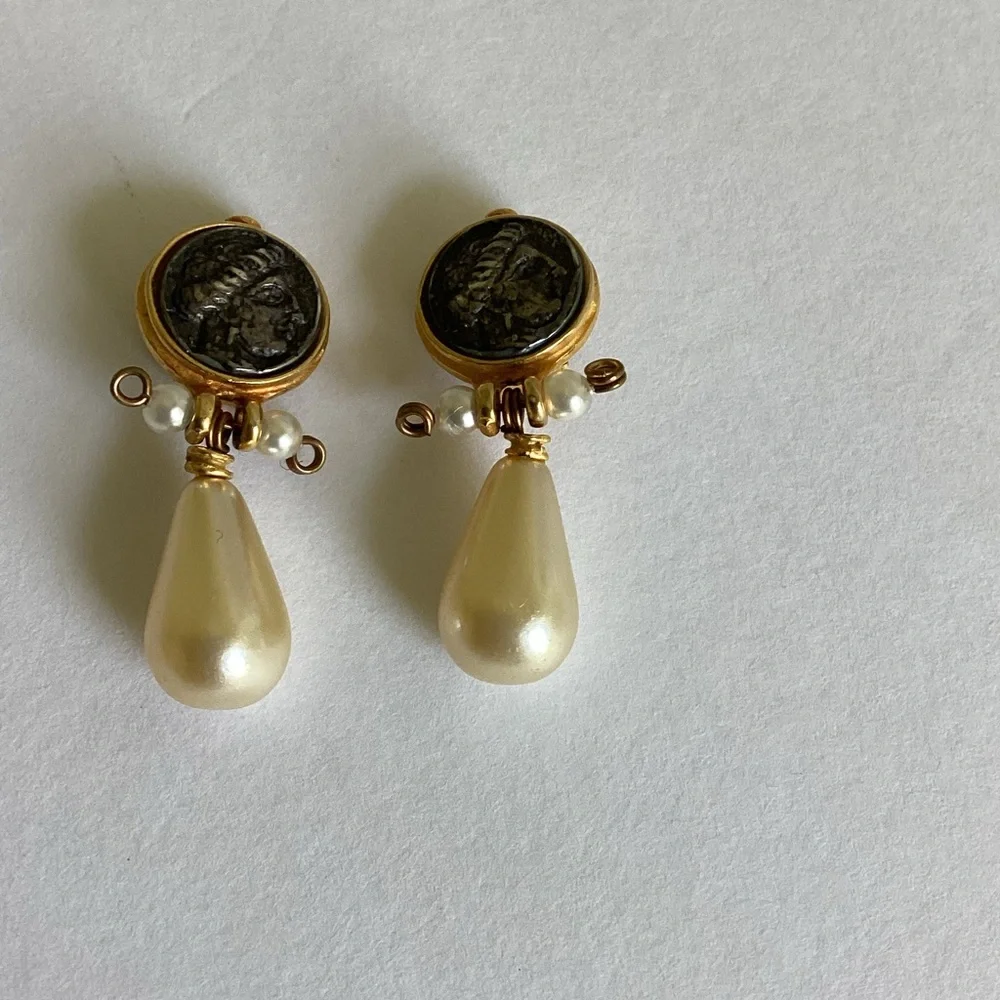 Etruscan Style Coin Earrings Faux Pearl Stamped LM Intaglio Mobe Classic Gift